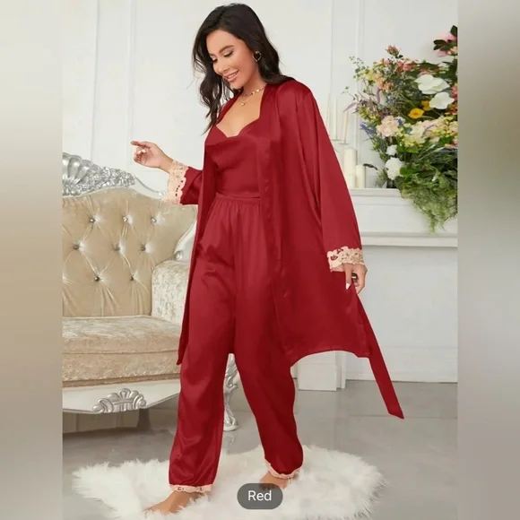 Red 3-piece Sets Silk Satin Cami Top & Pants With Robe Pajama Set - Picture 3 of 8